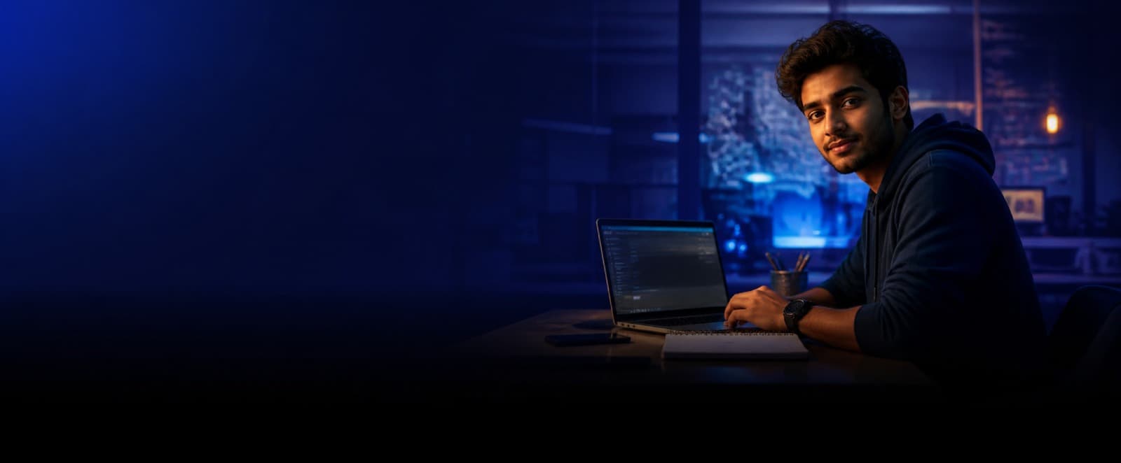 An engineering student building on a laptop in a campus lab at night