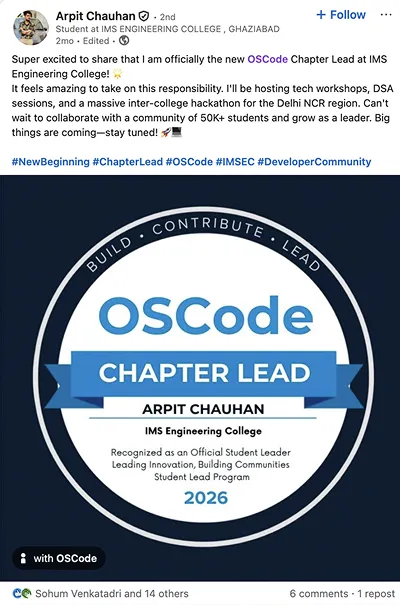 LinkedIn post from an OSCode chapter lead
