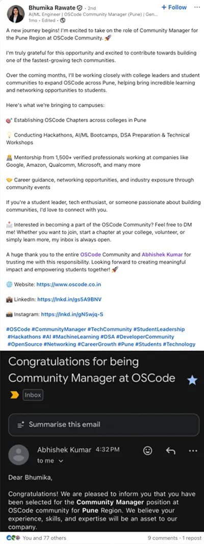 LinkedIn post from an OSCode chapter lead