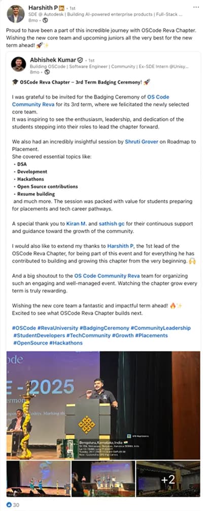 LinkedIn post from an OSCode chapter lead