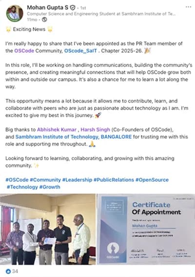LinkedIn post from an OSCode chapter lead