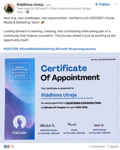 LinkedIn post from an OSCode chapter lead