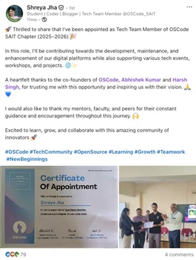 LinkedIn post from an OSCode chapter lead