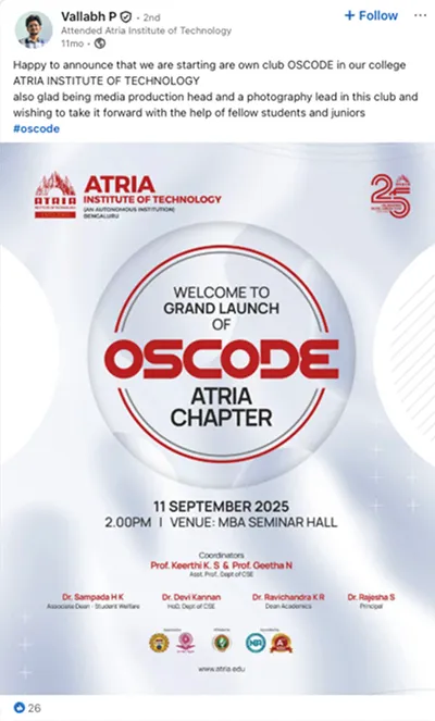 LinkedIn post from an OSCode chapter lead