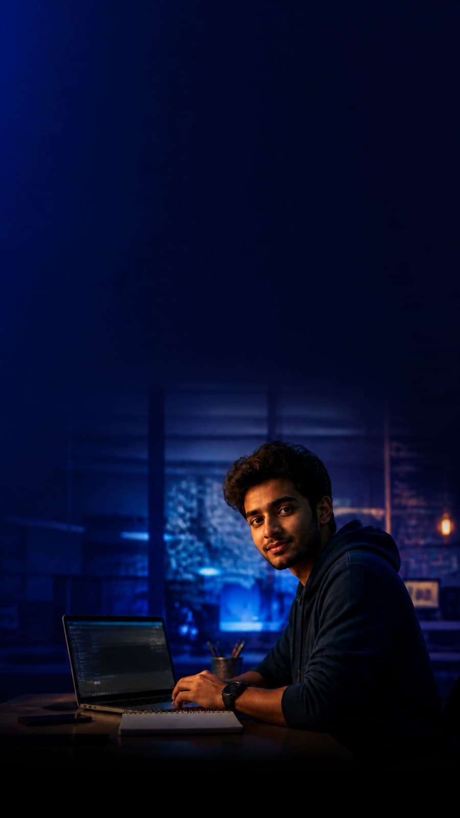 An engineering student building on a laptop in a campus lab at night